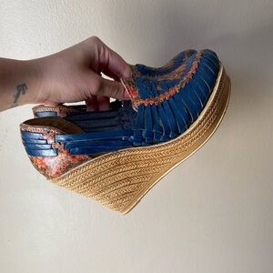 Authentic Mexican Made in Mexico Leather Floral Huarache Wedge Heels